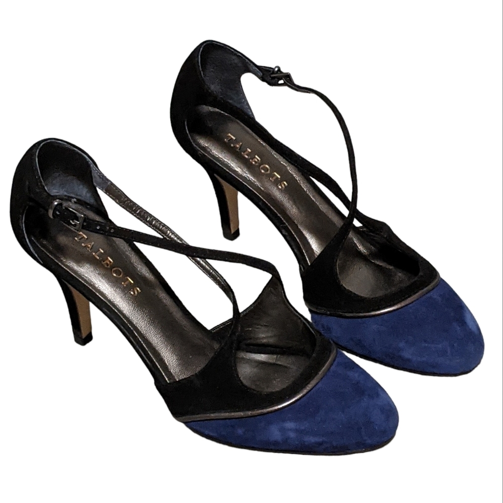 Talbots criss cross strappy 2 color heels pumps blue black size 7.5B - Picture 9 of 11